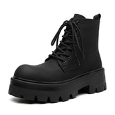 Black Synthetic Leather Mid Calf Lace up Chunky Anti Slip Sole Retro Boots for Daily Commute Street Fashion