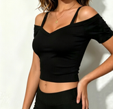 Dual Strap Off Shoulder Short Sleeve Top Women Cold Shoulder Slim Fit Solid Blouse