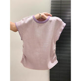 Women Contrast Collar Striped Ribbed Knit Top Cap Sleeve Side Ruched Slim Fit Summer Casual Short Knitted Blouse