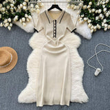 Women's Knit Ribbed Midi Dress, Elegant Short Sleeve Bodycon Sweater Dress with Button Detail for Office & Casual Wear