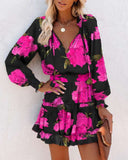 Women Long Sleeve Floral Dress V Neck Ruffle Tiered Elastic Waist Boho Mini Dress
