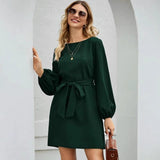 Boat Neck Puff Sleeve Waist Tie Belt Mini Dress Women Casual Summer Solid Color Short Sundress