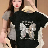 New Arrival Women's Tie-Dye T-Shirt with Sequin Butterfly & Letter Print TOP