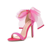 Women Hot Pink Pearl Beaded Open Toe Stiletto Heels Tulle Bow Ankle Strap Sexy Sandals for Ladies Wedding Party Prom Dress Shoes