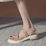 Elegant Roman Women's Pearl-Embellished Summer Slippers - Trendy Ladies' Footwear