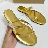Gold Metallic-Look PU Leather Toe-Ring Women's Flat Sandals Flip-Flops Slippers for Beach Vacation Pantoufles Pour Femmes