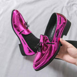 Mens Luxury Shiny Pink Patent Leather Tassel Loafers Metallic Magenta Slip on Dress Shoes for Wedding Prom Party Stage Look