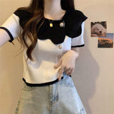 Contrasting Colors Graphic Tee Classic Ruffled Collar Tops for Women Comfortable Short-sleeved T-shirt