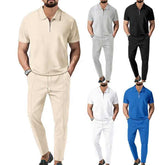 Spring and Autumn New Men's Solid Suit Short Sleeve Top and Long Pants Suit