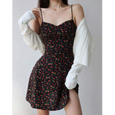 Loose-fit Hip Wrap Mini Dress Floral Printed A-line Dress Sexy Strap Cami Dress
