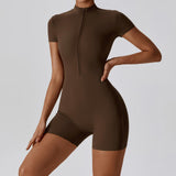 Women Ribbed Half Zip Stand Collar Short Sleeve Romper Slim Bodycon Bike Short Jumpsuit Fitness Workout Bodysuit