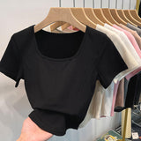 Women Square Neck Short Sleeve Seam Stitch Crop T Shirt Solid Slim Fit Curved Hem Stretch Basic Casual Daily Ladies Fitted Tees