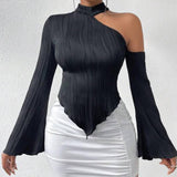 2026 Spring Women Striped Streetwear Long Sleeve Asymmetrical Halter Neck T-Shirt Spicy Girl Inner Layering Top