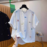 Women Creature Embroidery T Shirt Crew Neck Cuffed Short Sleeve Loose Casual Summer Oversized Fish Embroidered Basic Tees