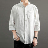 Men's 2025 Summer Japanese Style Casual Shirt Thin Loose Stand Collar 3/4 Sleeve Shirt