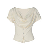 Euro American Style Draped Neck Tee Slim Cropped Short Sleeve Top Fashion Hot Girl Blouse