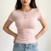 Stretchy Body-Contouring Crew Neck Top-Fitted Short-Sleeve T-Shirt - Women’s Ruched Side Basic T-Shirt