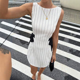 Women Striped Sleeveless Mini Dress Elegant Boat Neck Bow Tie Side Bodycon Party Casual Office Ladies Short Dress