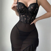 Sexy Lace Trim Erotic Lingerie | Women's Underwire Push-up Camisole Sheer Mesh Nightdress