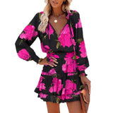 Women Long Sleeve Floral Dress V Neck Ruffle Tiered Elastic Waist Boho Mini Dress