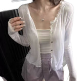 2026 New Arrival Women's Lace Trim Sheer Sun Protection Cardigan with Flared Sleeves & Button Front for Summer Layering