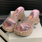 Women's Transparent Wedge Platform Sandals with Glass Clear Thick Sole