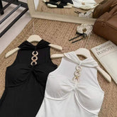 Women's Stylish Black Knit Halter Vest Sleeveless Slim Crop Bandeau Sweet Alluring Top for Summer