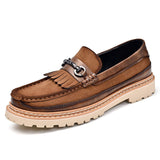 Comfortable Mens Platform Loafers Fashion Slip On Casual Shoes Suede Leather Upper Tassel Buckle Decor Chunky Sole Walking Shoe