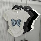 Women Fringe Butterfly Patch T Shirt Crew Neck Side Ruched Curved Hem Slim Fit Short Sleeve Multi Color Y2K Casual Crop Tops