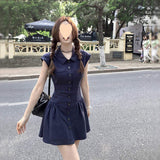 Women Sleeveless Polo Collar Shirt Mini Dress Slim Waist Pleated Skirt Summer Casual Sweet a Line Short Dress Daily Dresses