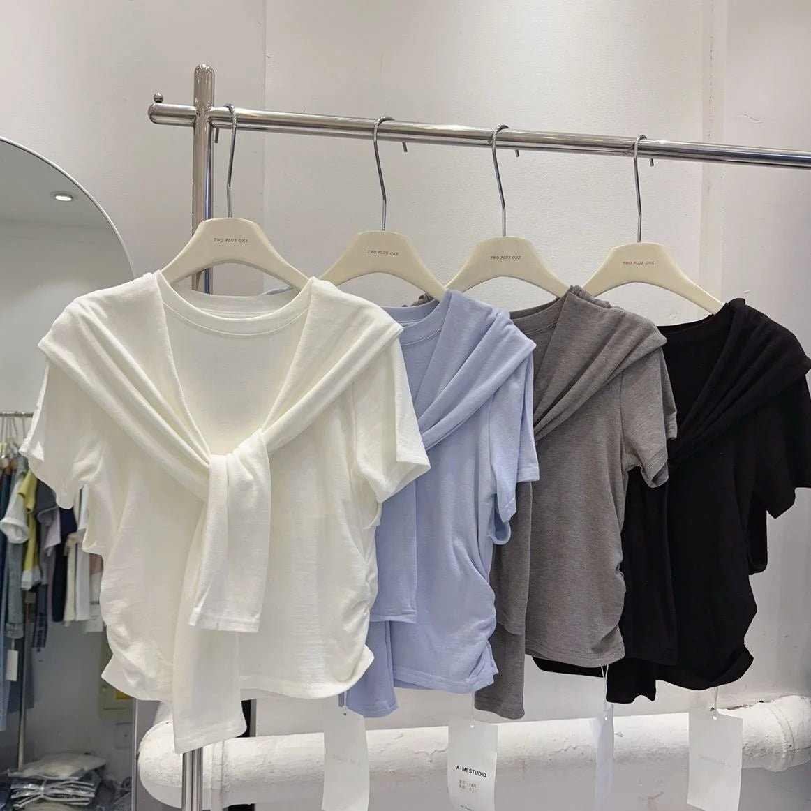 Design Sense Niche Shawl Faux Two - piece T-shirt Women's Short - sleeved Top Solid Color Short Top - Zeprah