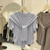 Design Sense Niche Shawl Faux Two - piece T-shirt Women's Short - sleeved Top Solid Color Short Top - Zeprah