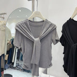 Design Sense Niche Shawl Faux Two - piece T-shirt Women's Short - sleeved Top Solid Color Short Top - Zeprah