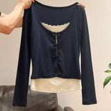 Women's 2-in-1 Ribbed Knit Top Polka Dot Cami Layered Bow Tie Long Sleeve T-Shirt
