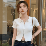 Double Zipper Women's Clothing Knitted Tops for Women Plain Short - Sleeved Tee - Zeprah