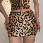 Dropped Waist Low Rise Wrap Bodycon Leopard Animal Print Shiny Sequin Mini Skirt Sexy Party Wear Clubwear for Women - Zeprah