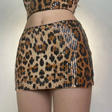 Dropped Waist Low Rise Wrap Bodycon Leopard Animal Print Shiny Sequin Mini Skirt Sexy Party Wear Clubwear for Women - Zeprah