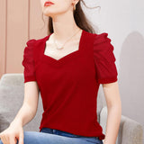 Summer Women Square V Neck T-Shirt Glitter Mesh Puff Short Sleeve Tops Solid Color Slim Blouse Elegant Ladies Daily Wear Tees