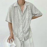 Men Satin Swirl Marble Print Short Sleeve Shirt Lapel Cuban Collar Loose Casual Beach Pocket Button Down Shirts for Men