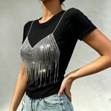 2026 Summer Women European Heavy Rhinestone T-Shirt Designer Shoulder Fit Slim Short Sleeve Top