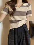POLO Collar Tops for Women Loose-fit Women's Clothing Splicing Fringe Short-Sleeved Tee