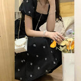 Summer New Arrival Women's Dress French Style Black Floral Long Dress Square Neck & Waist Flattering Design