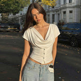Euro American Style Draped Neck Tee Slim Cropped Short Sleeve Top Fashion Hot Girl Blouse