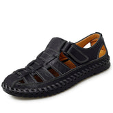 Premium Handcrafted Men's Roman Style Leather Sandals Adjustable Hook & Loop Flat Leather Sandals