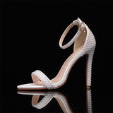 Ladies White Pearl Upper Decorated Stiletto Heeled Sandals Open Toe Ankle Buckle Strap for Evening Prom Events