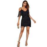 Women Off Shoulder Fringe Dress Spaghetti Strap Tassel Bodycon Party Mini Dress