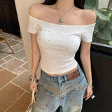 High Quality Summer One-shoulder Shiny Dots T-shirt Ribbed High-elastic Fabric Soft and Comfortable Short Sleeve T Shirt