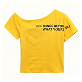 Women One Side Off Shoulder Letter Print Ruched Crop T Shirt Short Sleeve Casual Y2K Blouse