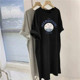 Women Vintage Harbour Sailboat Print Roll Sleeve T Shirt Dress Side Slit Loose Casual Long Maxi Dress