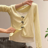 Women's 2-in-1 Ribbed Knit Top Polka Dot Cami Layered Bow Tie Long Sleeve T-Shirt